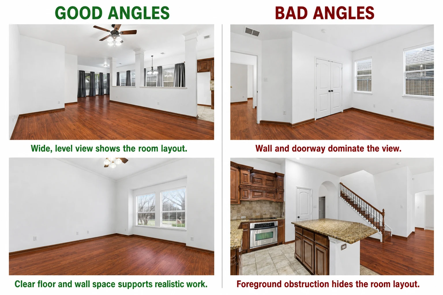 Two useful empty-room photo angles compared with two less-useful angles. The useful views show the room layout and clear floor and wall space. The less-useful views are dominated by a wall and doorway or obstructed by a kitchen island.