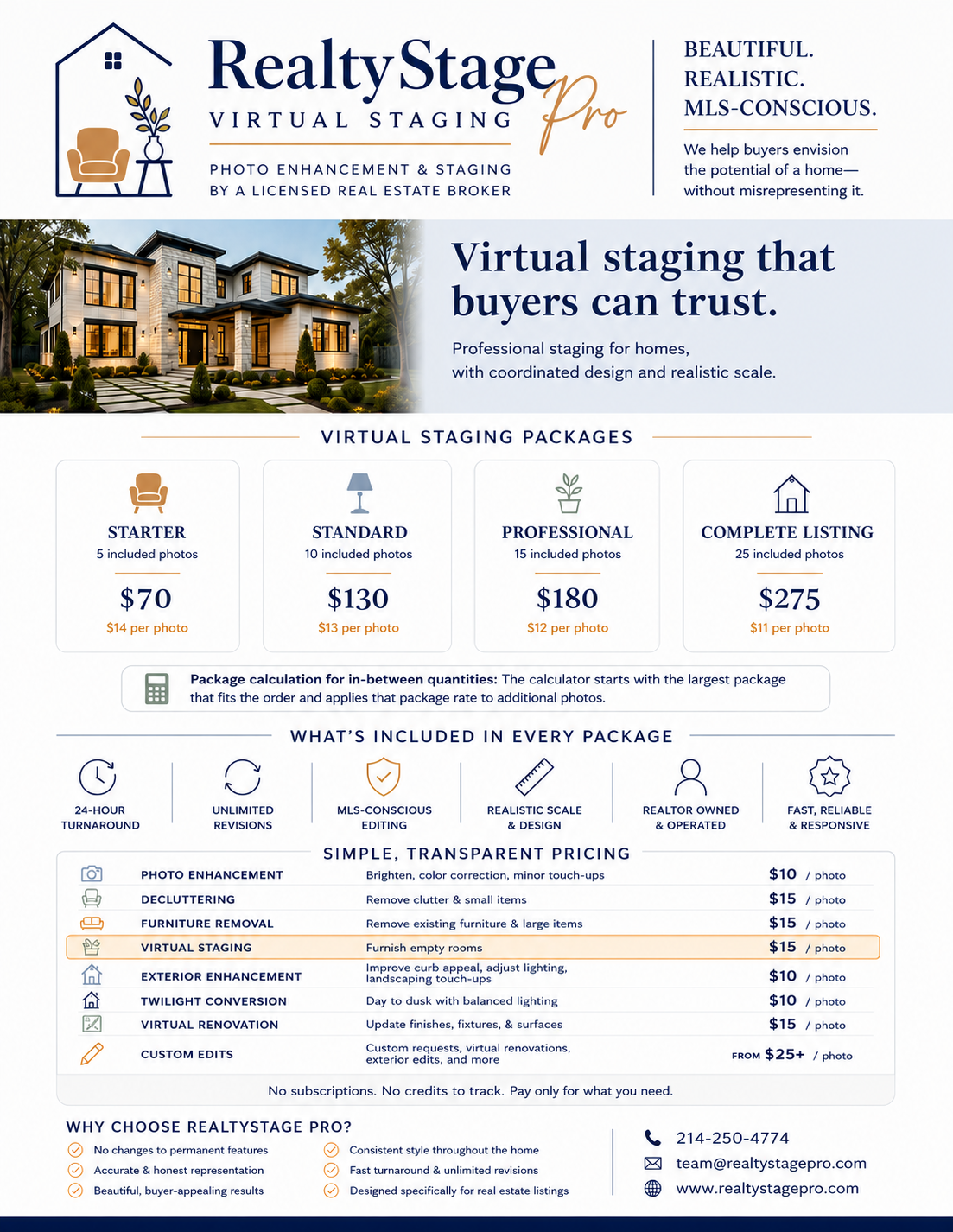 RealtyStage Pro services, virtual staging package pricing, and contact information