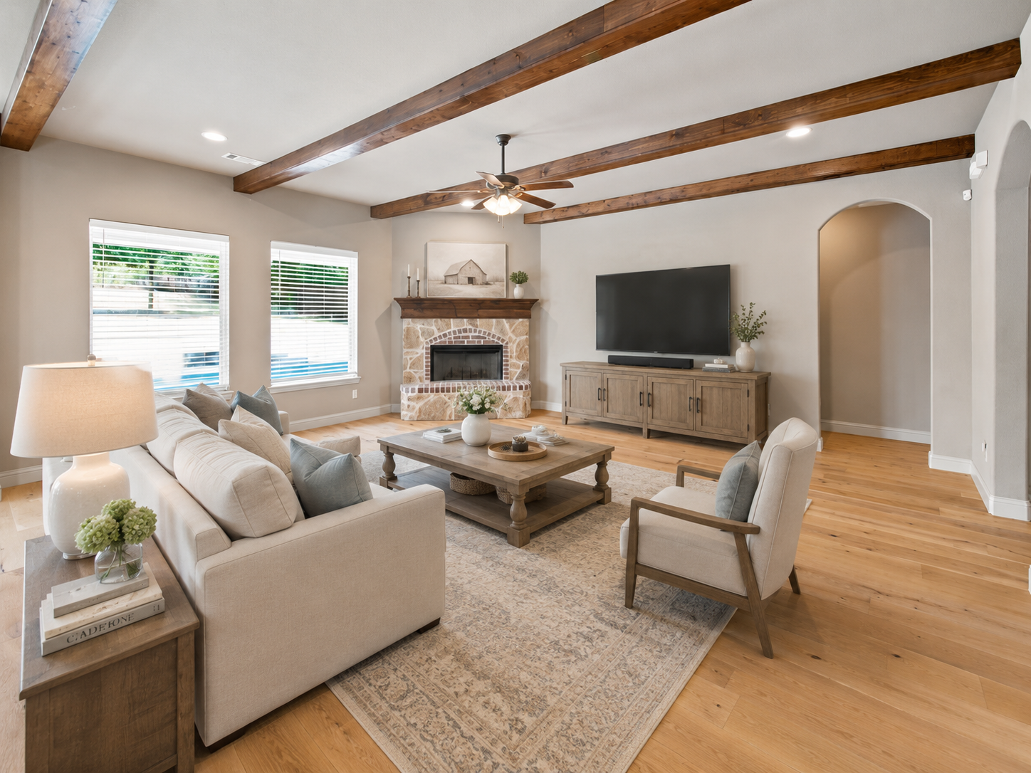 Exposed-Beam Great Room after virtual staging