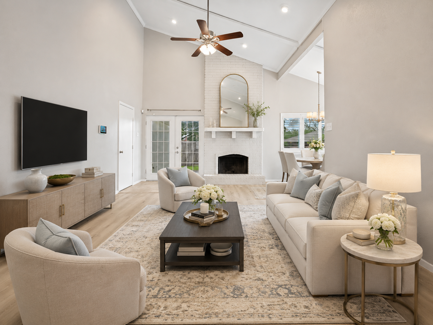 Vaulted Fireplace Living after virtual staging