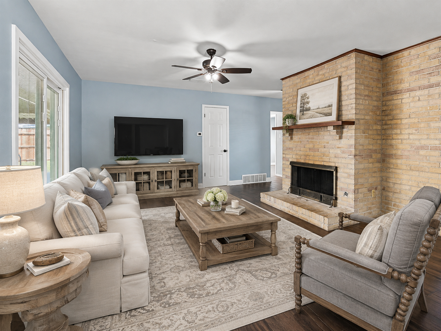 Blue-Wall Brick Fireplace after virtual staging