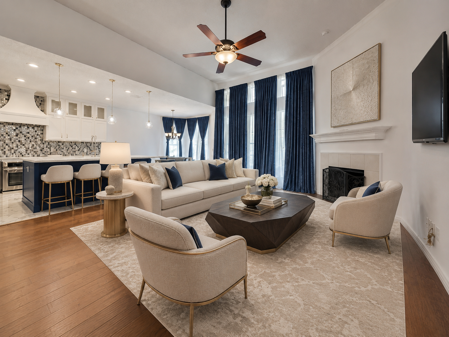 Bold Blue Living & Kitchen after virtual staging