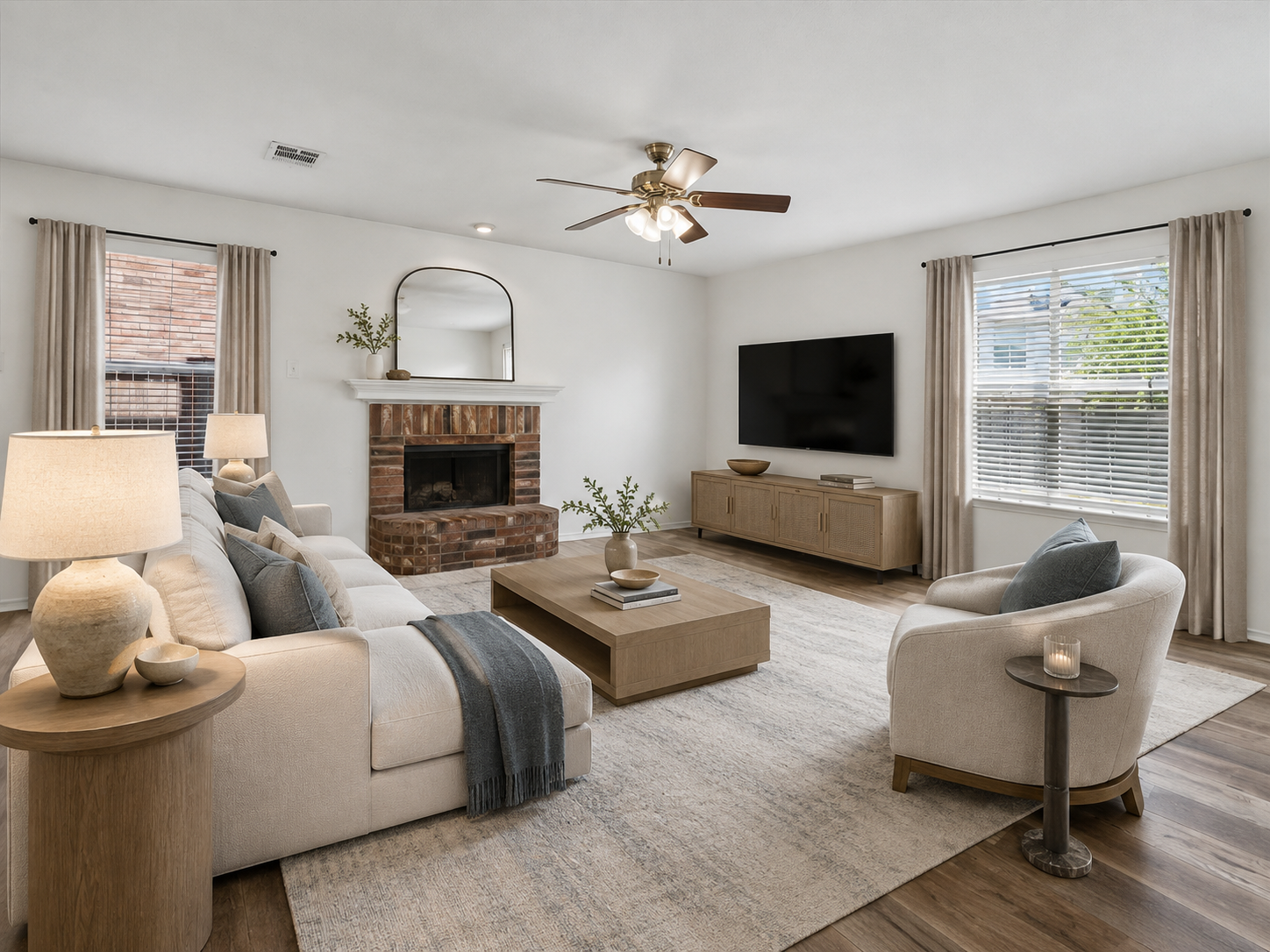 Brick Fireplace Living Room after virtual staging