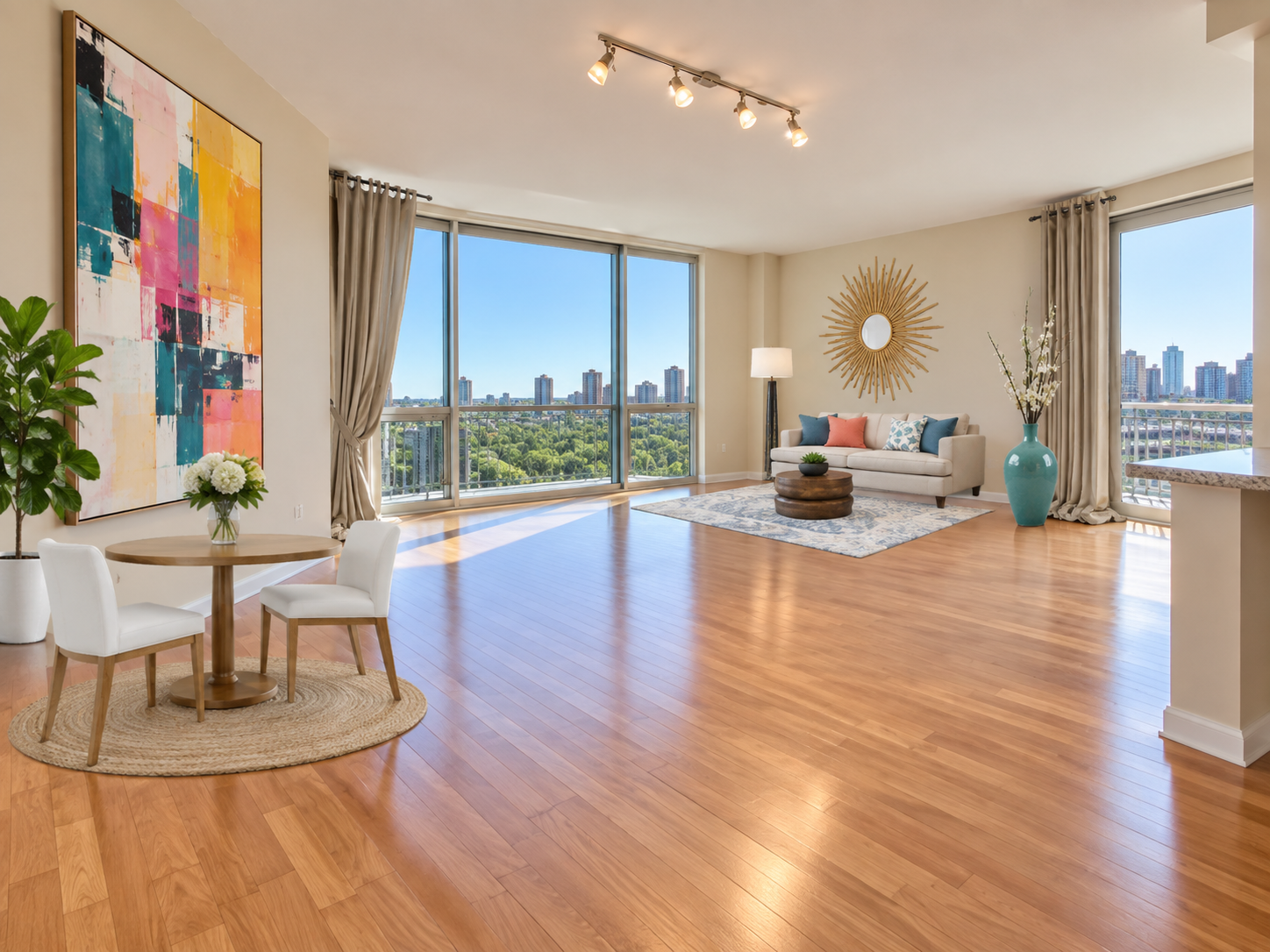 Virtually staged high-rise living room with small furniture groups separated by a large area of empty floor