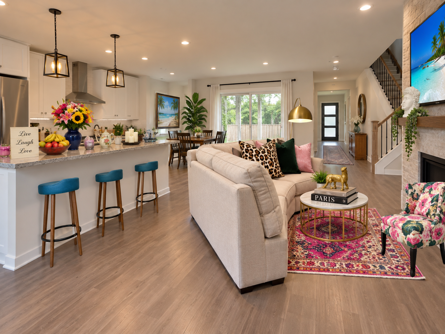 Virtually staged open-concept kitchen and living room filled with bright patterns, flowers and numerous decorative accessories