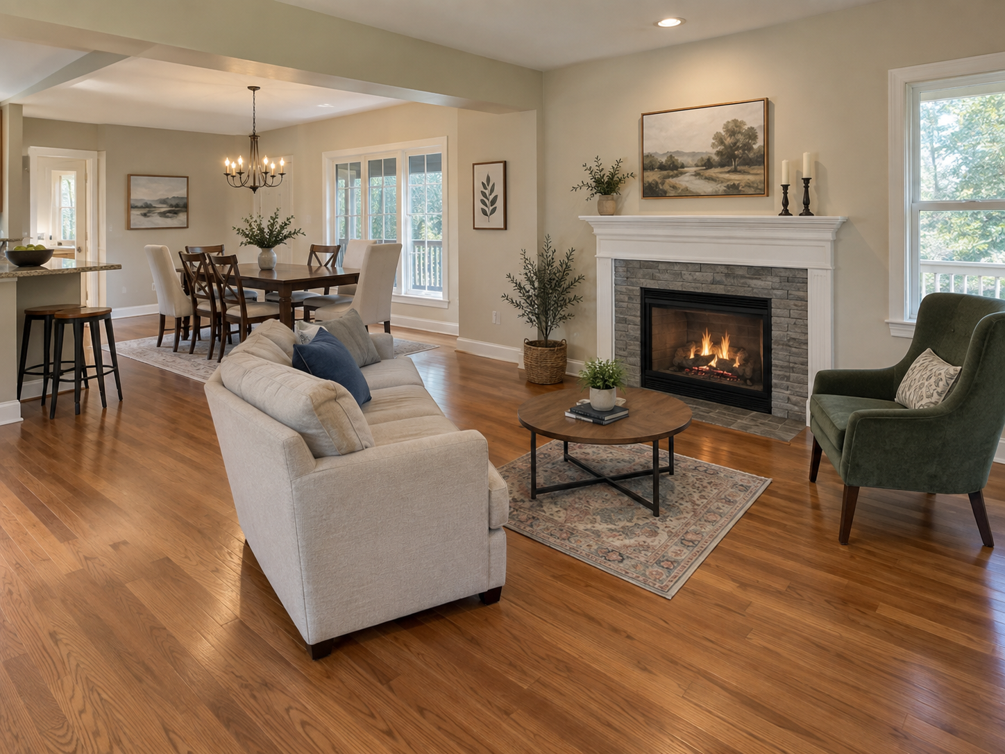 Virtually staged living room with a sofa facing the fireplace and a very small rug beneath the coffee table