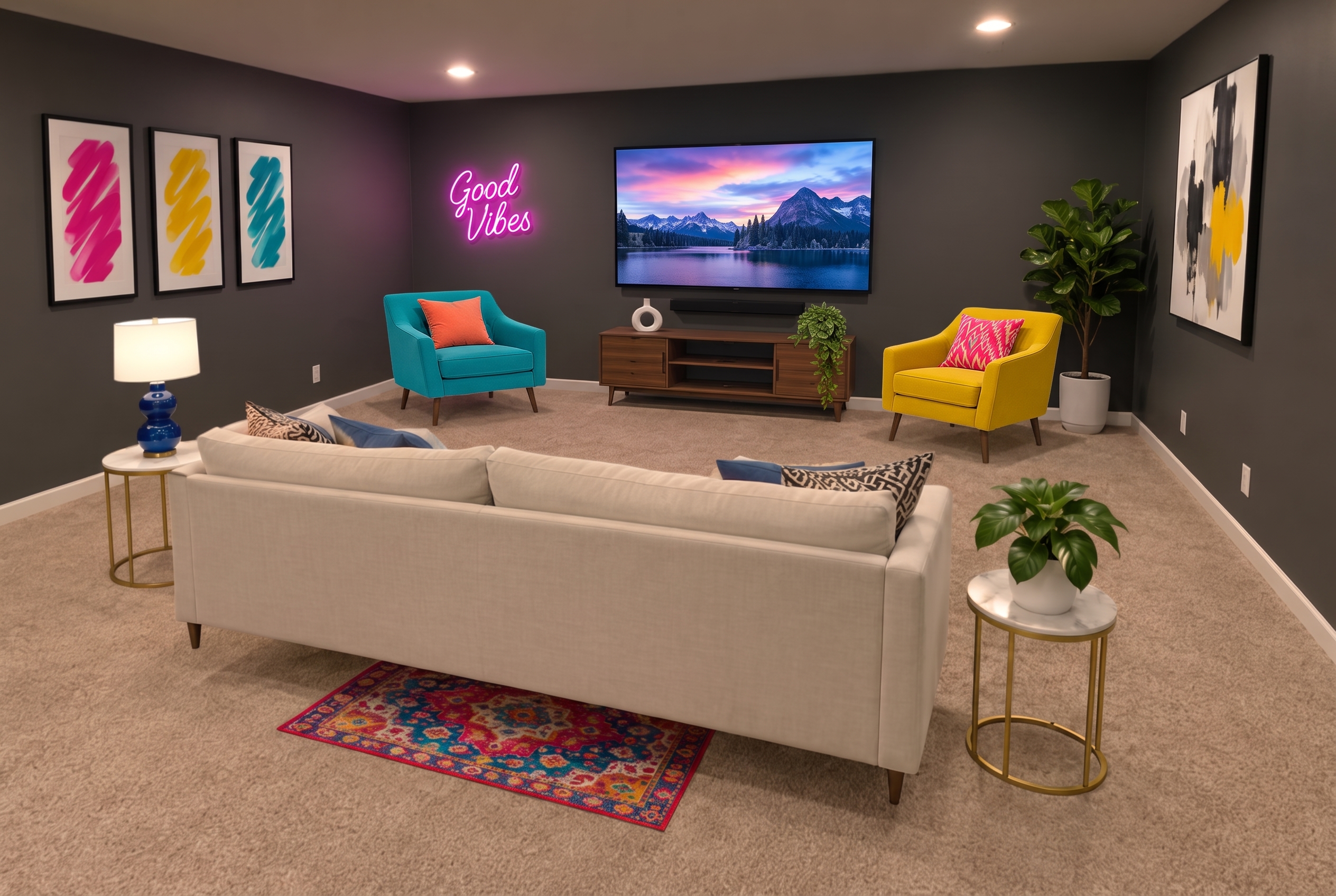 Virtually staged media room with floating-looking seating, a neon sign and vivid wall art