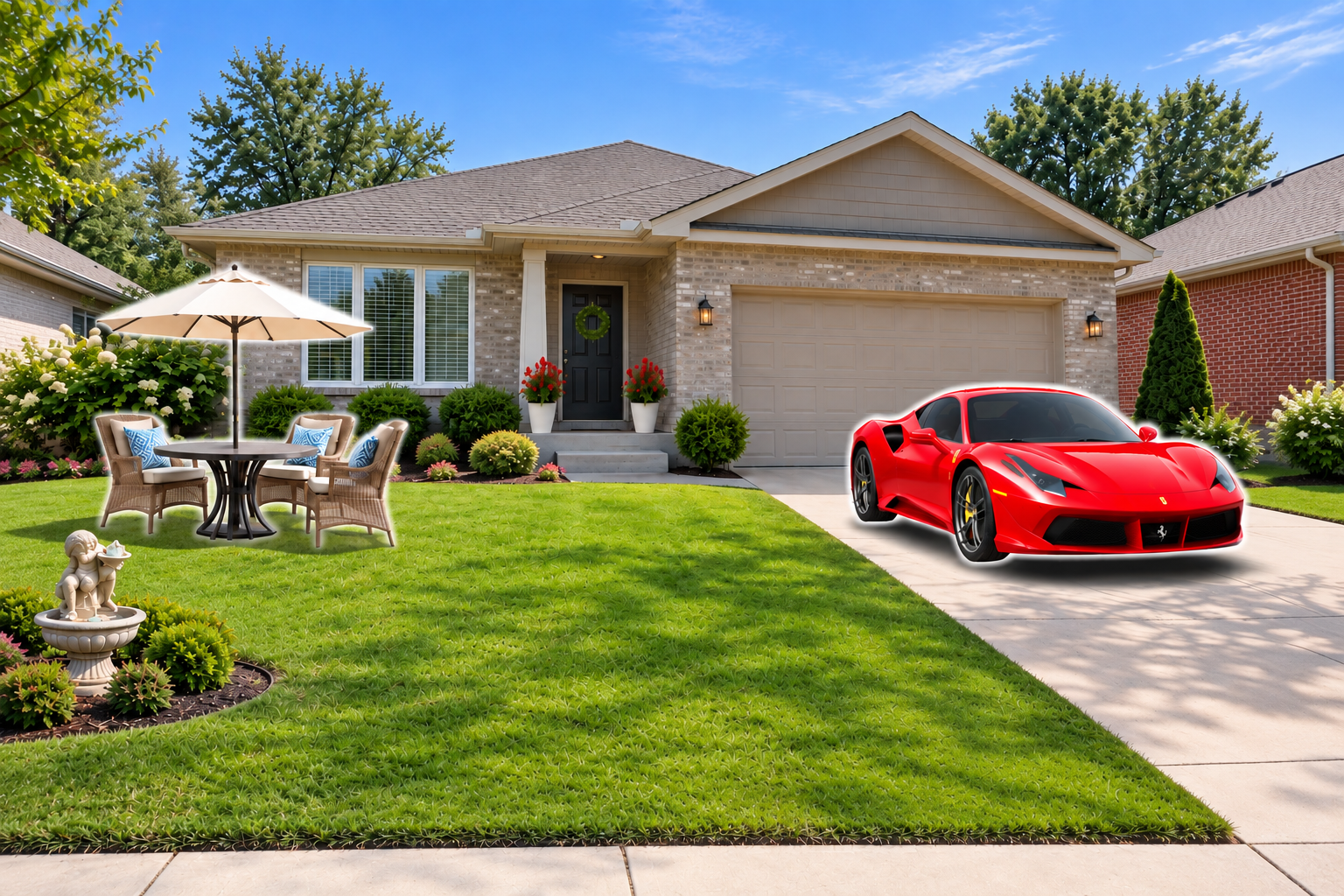 Front exterior of a suburban home virtually staged with a red sports car, patio furniture and a decorative fountain